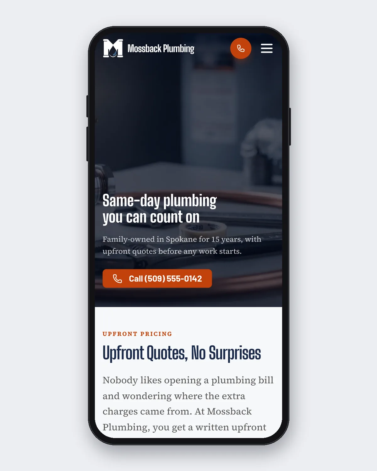 Mossback Plumbing on a phone, with tap-to-call