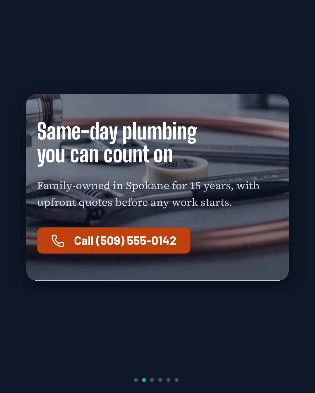 Mossback Plumbing's hero with a big Call button