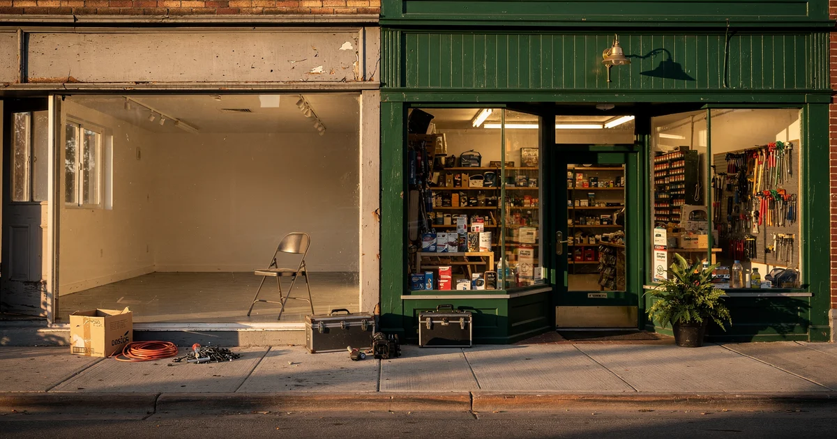 Two storefronts side by side on a small-town main street in golden evening light: on the left an empty bare rental unit with a lone folding chair, a cardboard box, a coiled extension cord and toolboxes on the sidewalk; on the right a finished green-painted hardware and repair shop with warm lights, stocked shelves and a potted plant by the door