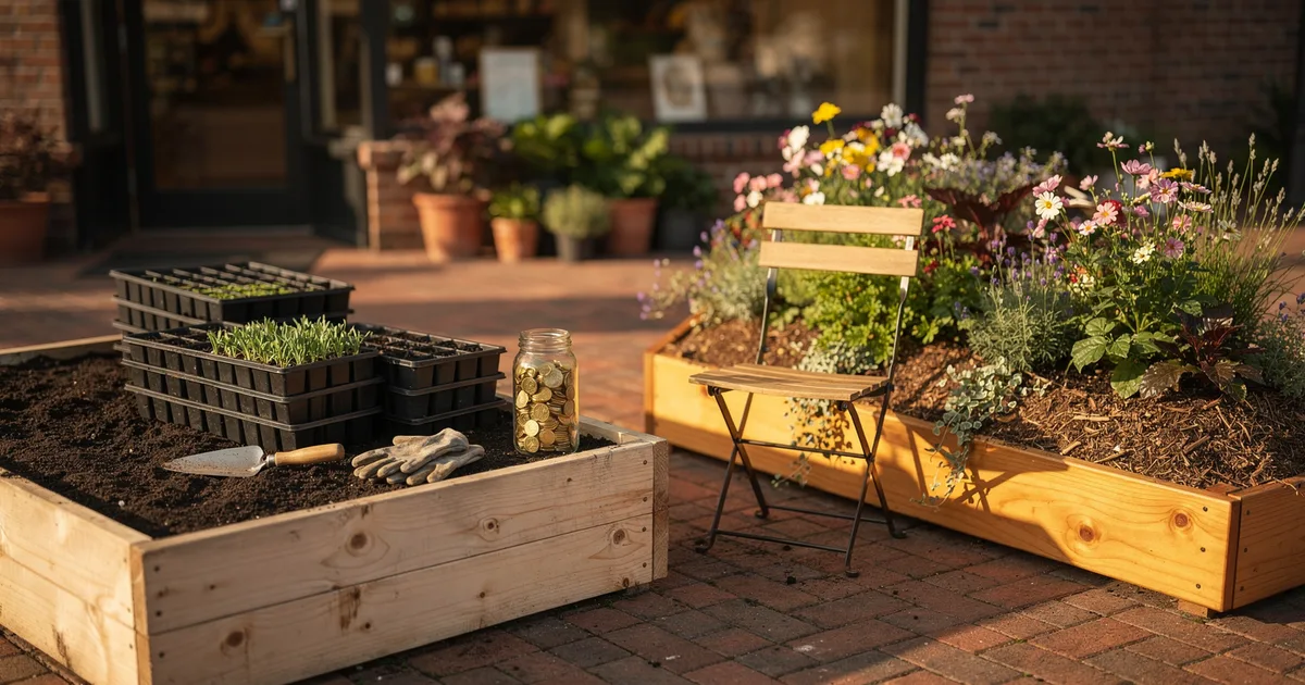 A sunny brick patio outside a small shop with a bare raised garden bed of dark soil, seedling trays, a trowel, gloves and a glass jar of brass tokens on the left, and a finished cedar planter overflowing with flowers and herbs beside a café chair on the right