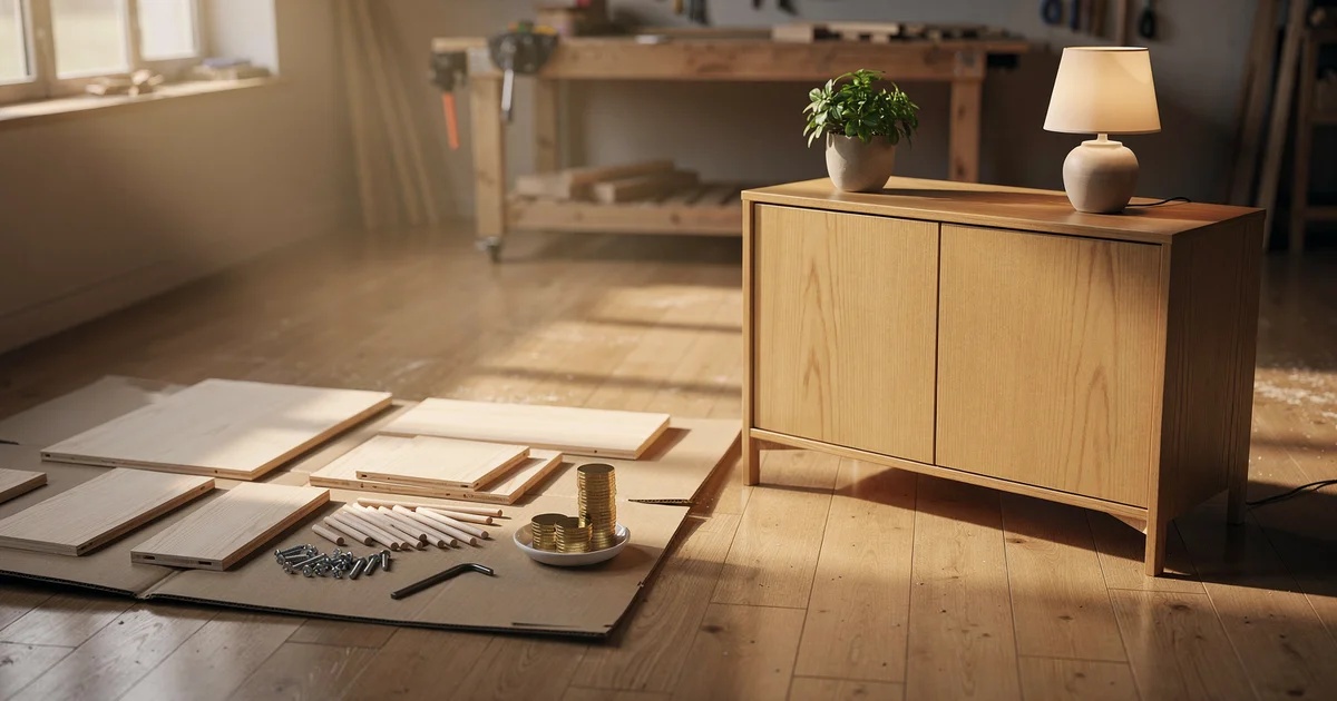 A sunlit woodworking shop floor with an opened flat-pack furniture kit, loose panels, screws, an allen key and a small dish of brass tokens on the left, and a finished oak sideboard with a plant and a lamp on top on the right
