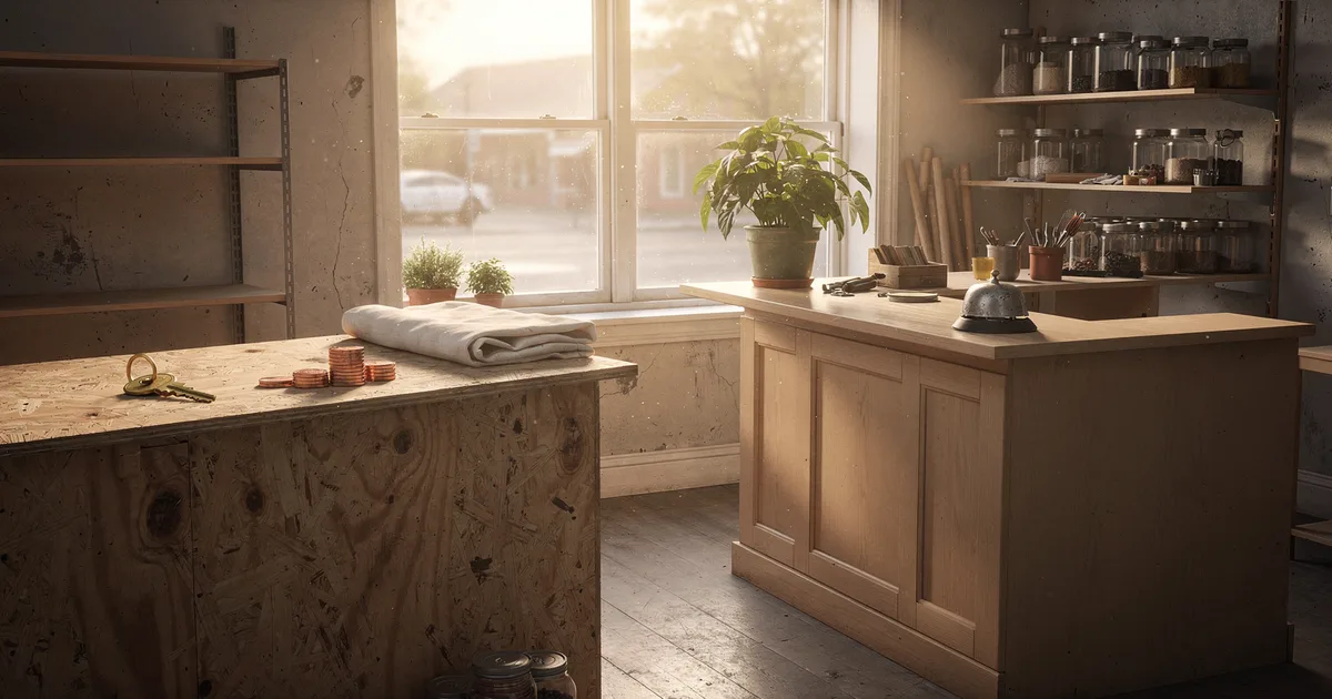 A small storefront in morning light: on the left an empty rented unit with a bare plywood counter, empty shelving, a brass key and small stacks of copper coins; on the right a finished, warmly lit shop counter with tidy shelves, a plant and a service bell