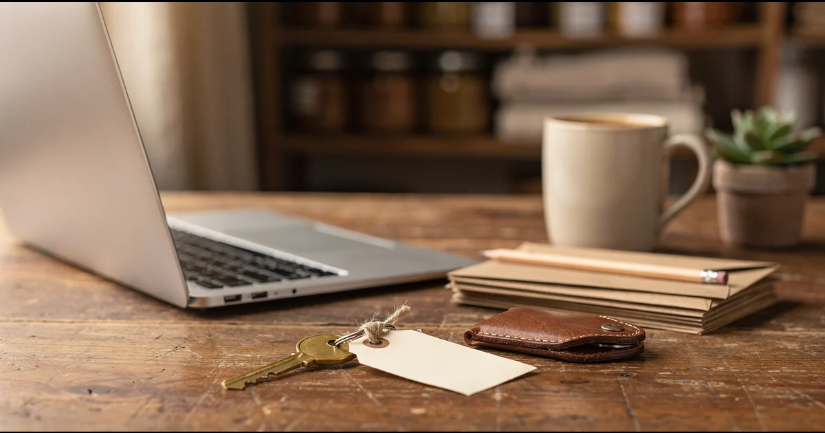 A small shop's back-office desk in warm afternoon light: a brass key on a ring with a blank cream paper tag tied with twine, a brown leather key fob, a silver laptop seen from the side, a stack of kraft envelopes with a pencil, a coffee mug and a small succulent, with blurred shelves of jars behind