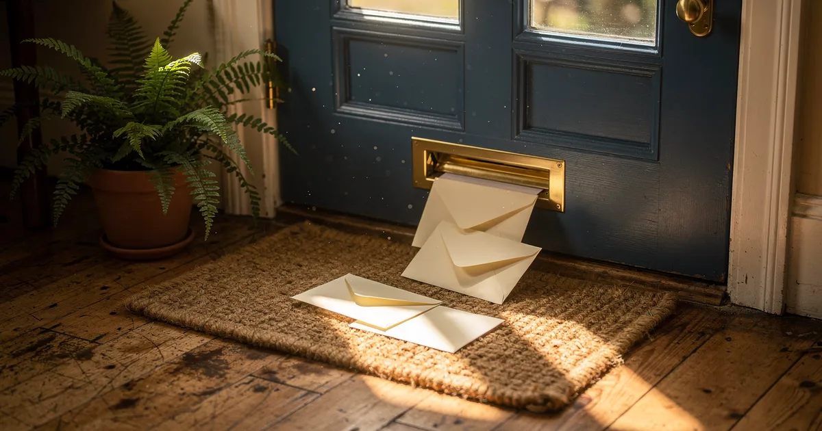 Morning sun across the entrance of a small shop: plain cream envelopes dropping through a polished brass letter slot in a deep-blue wooden door onto a jute doormat, with a potted fern beside the door on worn oak floorboards