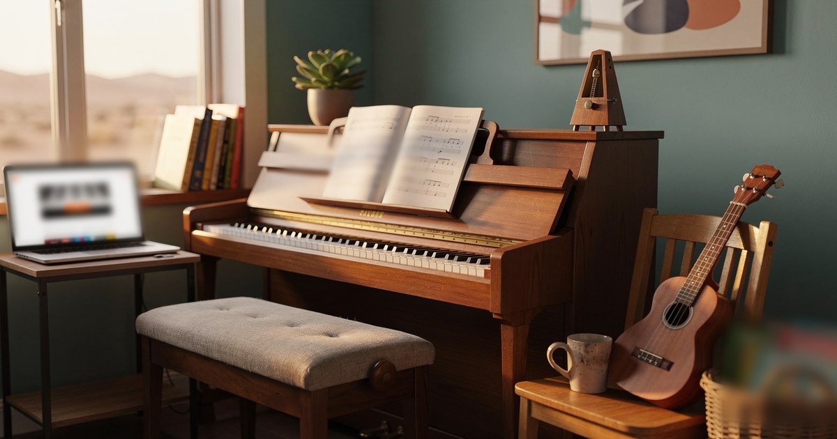 A sunlit home piano studio with an upright piano, a padded bench, a ukulele on a wooden chair, a basket of beginner books and a laptop showing a music lessons website