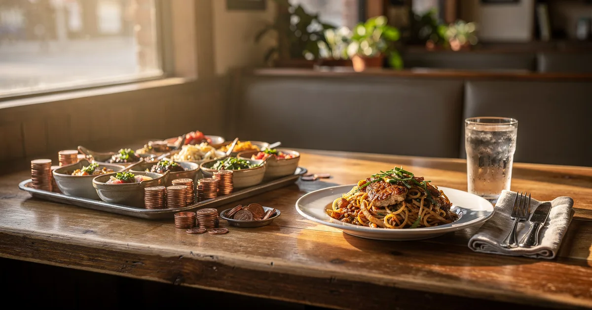 A sunlit wooden diner counter with a tray of many small separate side dishes, each next to its own stack of copper coins, on the left, and one complete plated meal with a napkin, cutlery and a glass of water on the right