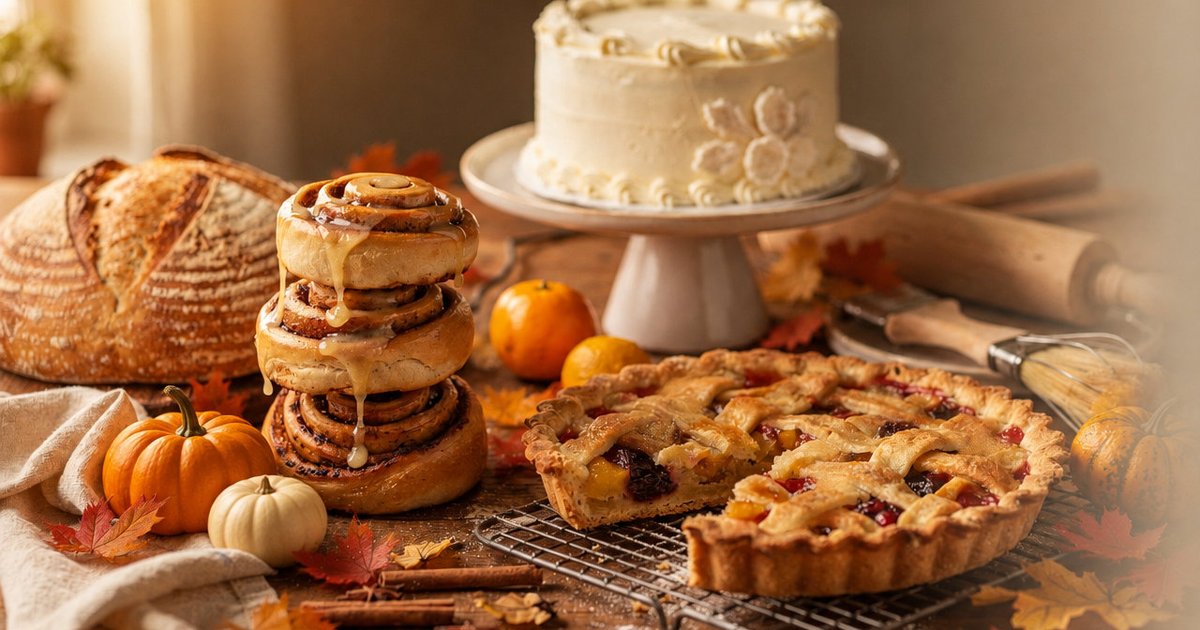 Sourdough, stacked cinnamon rolls, pumpkins, a frosted cake and a lattice pie on a rustic autumn bakery table (AI-edited photo)