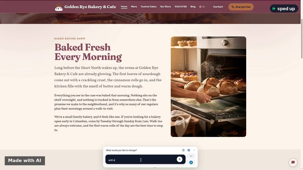Editing a bakery photo by chat; the result is AI-edited