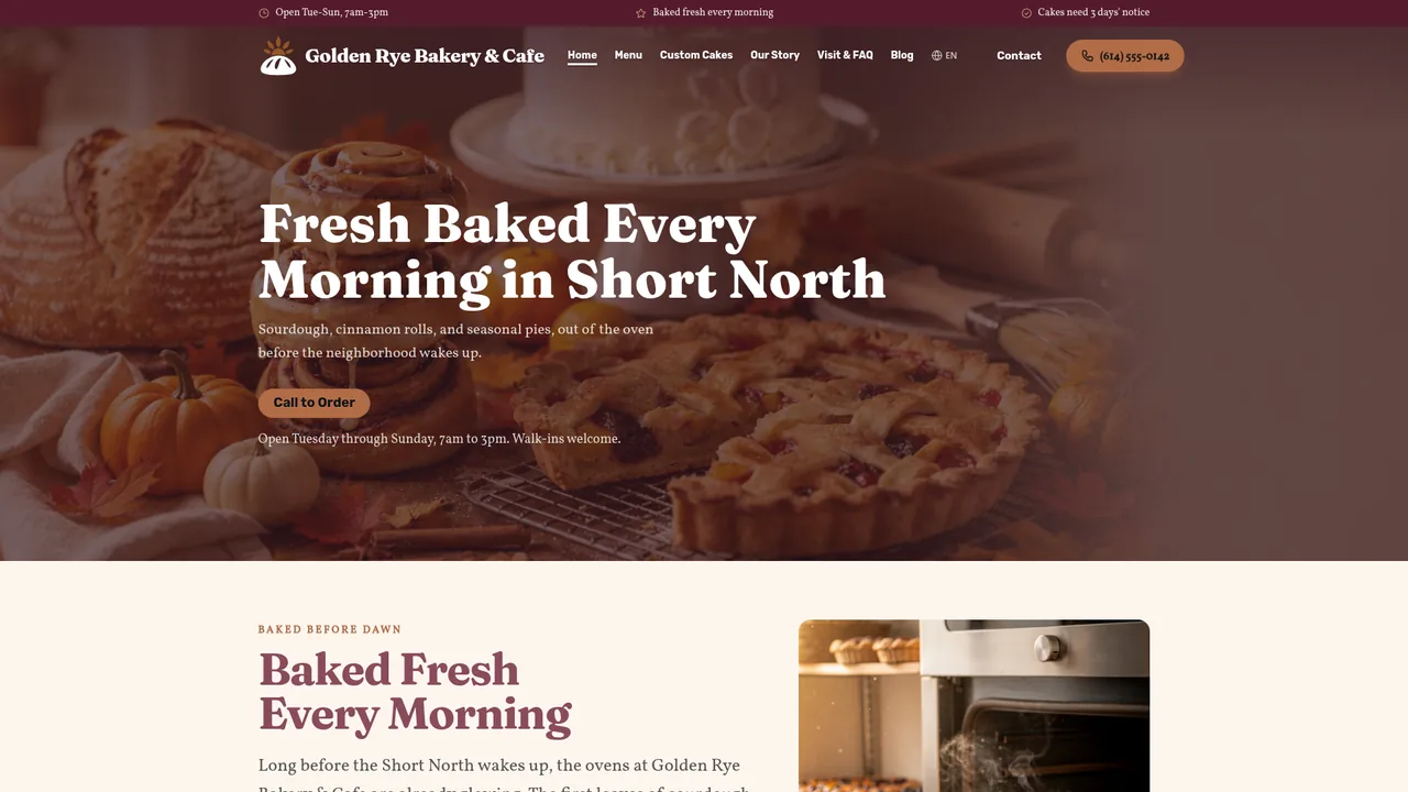 The Golden Rye Bakery & Cafe homepage: "Fresh Baked Every Morning in Short North"