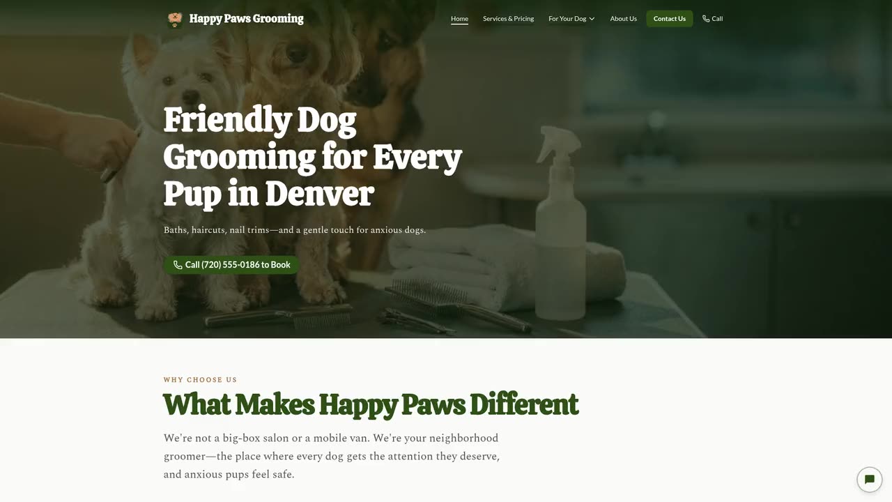 The Happy Paws homepage scrolling to "What Makes Happy Paws Different" and "Our Services"