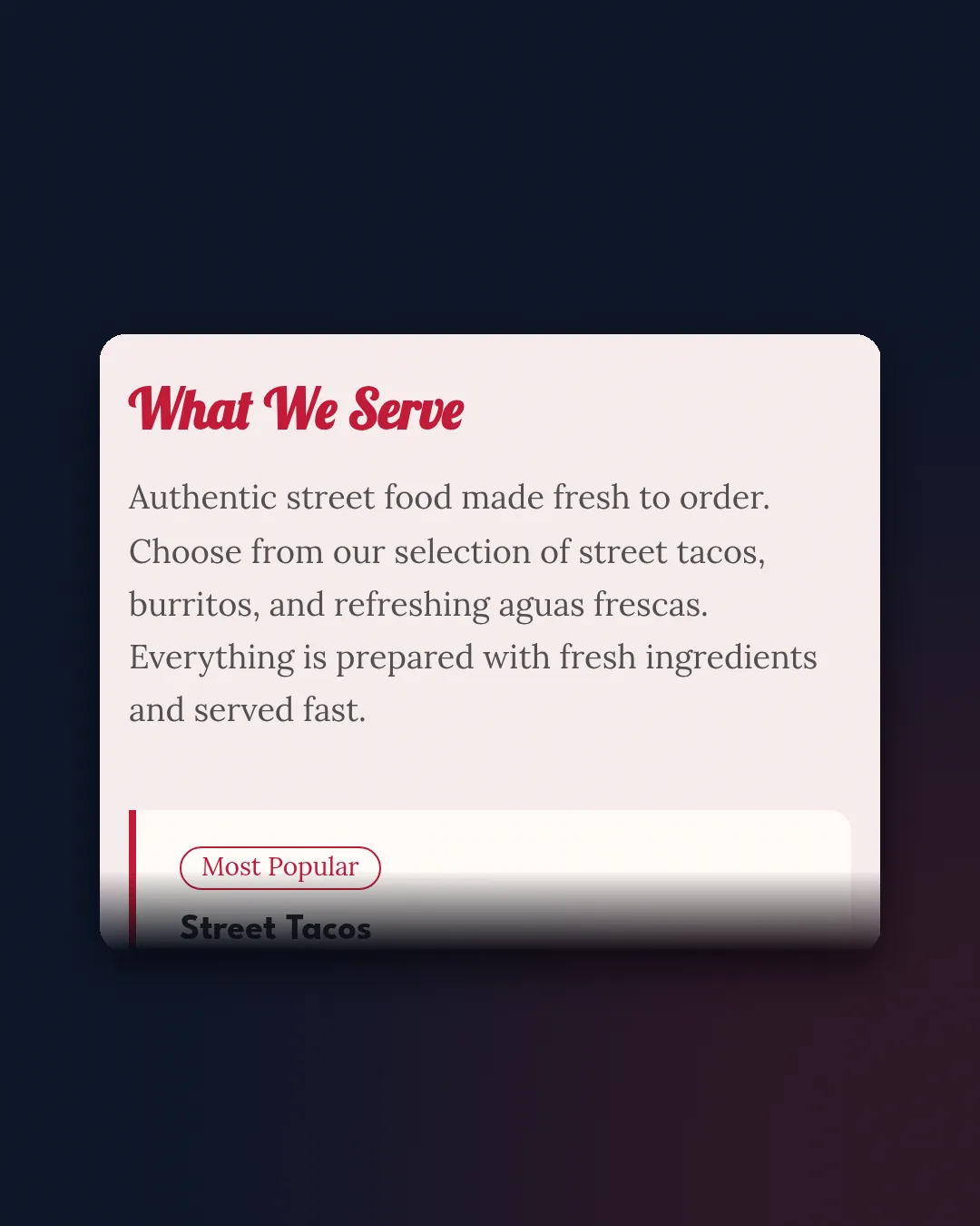 El Primo Tacos' "What We Serve" menu section