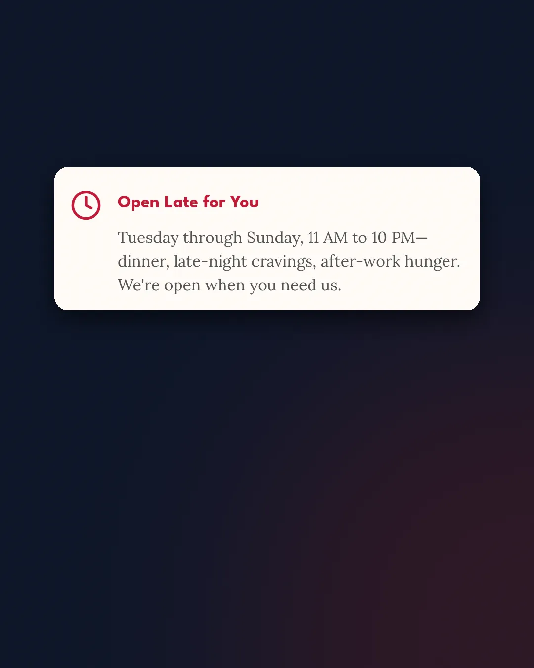 El Primo's "Open Late for You" hours card