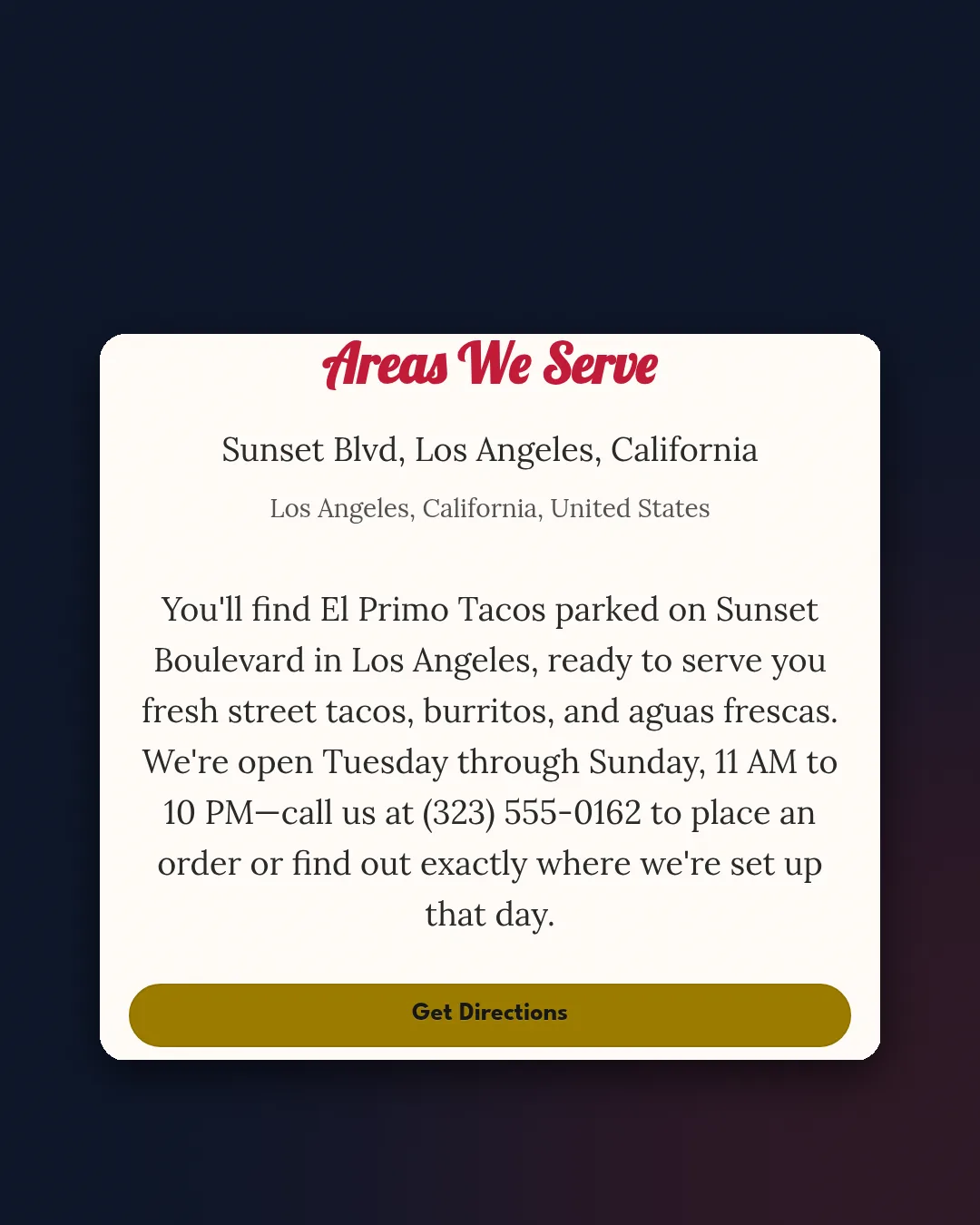 El Primo's location section with a Get Directions button