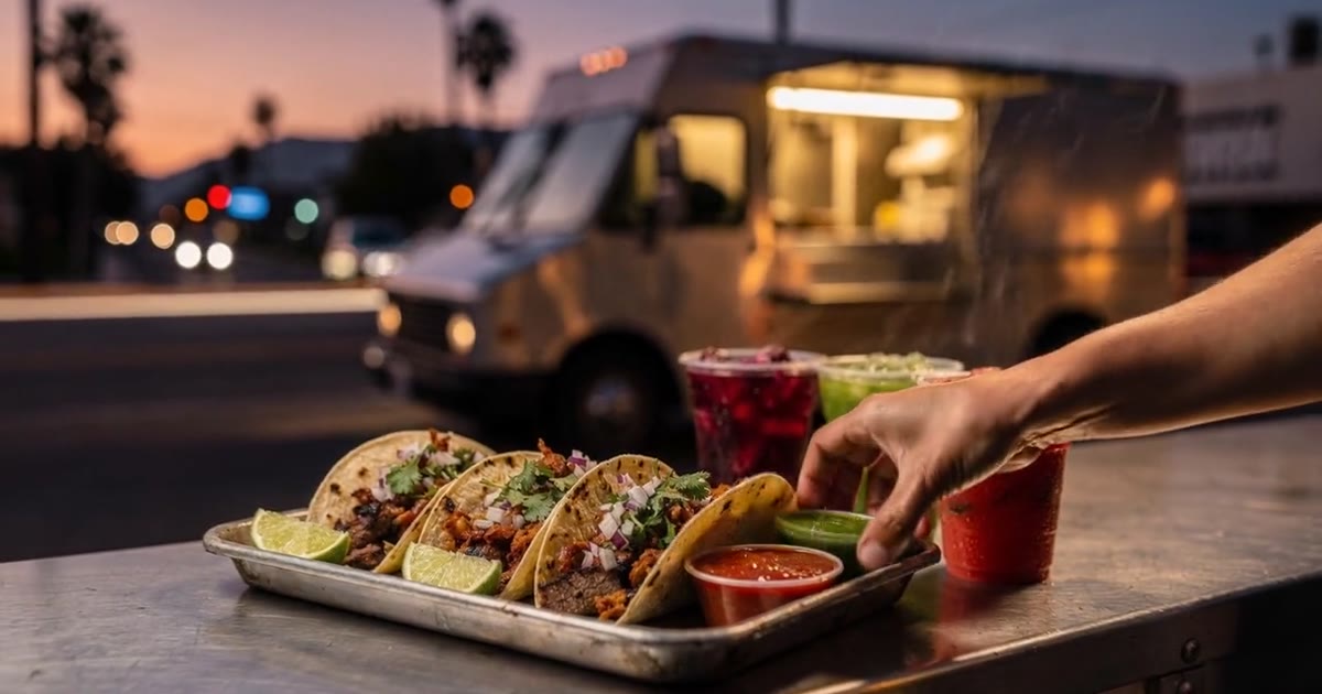 A tray of street tacos with lime, salsa and aguas frescas in front of a food truck at dusk
