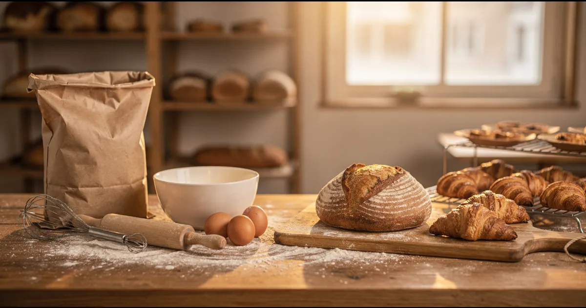 A flour-dusted bakery counter with a paper sack of flour, a mixing bowl, eggs and a rolling pin on the left and a finished sourdough loaf and croissants on a wooden board on the right