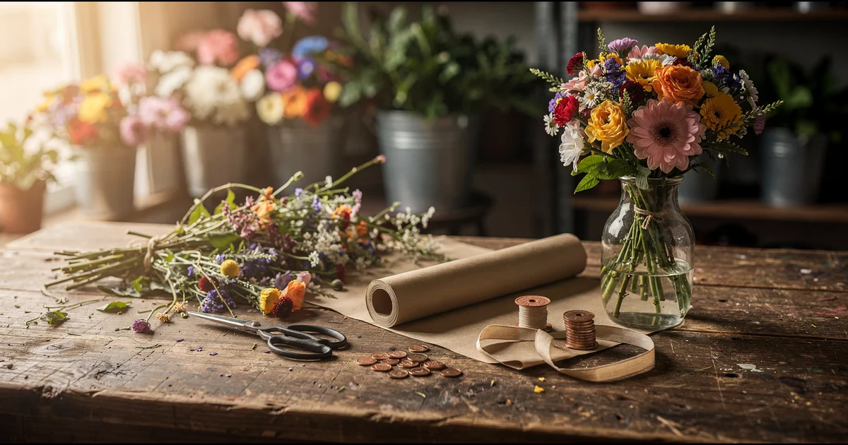 A worn wooden worktable in a flower shop with loose flower stems, scissors, kraft paper, ribbon and a few small stacks of copper coins on the left, and one finished bouquet in a glass vase on the right