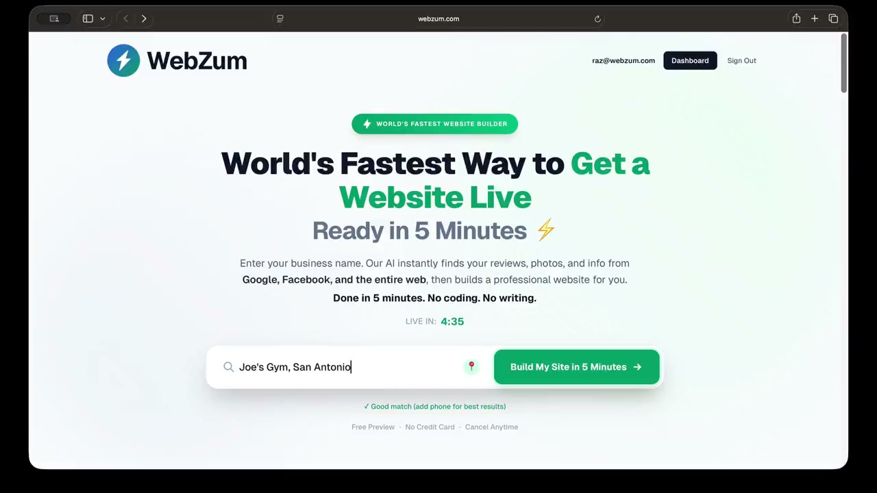 WebZum Demo - AI Website Builder in Action